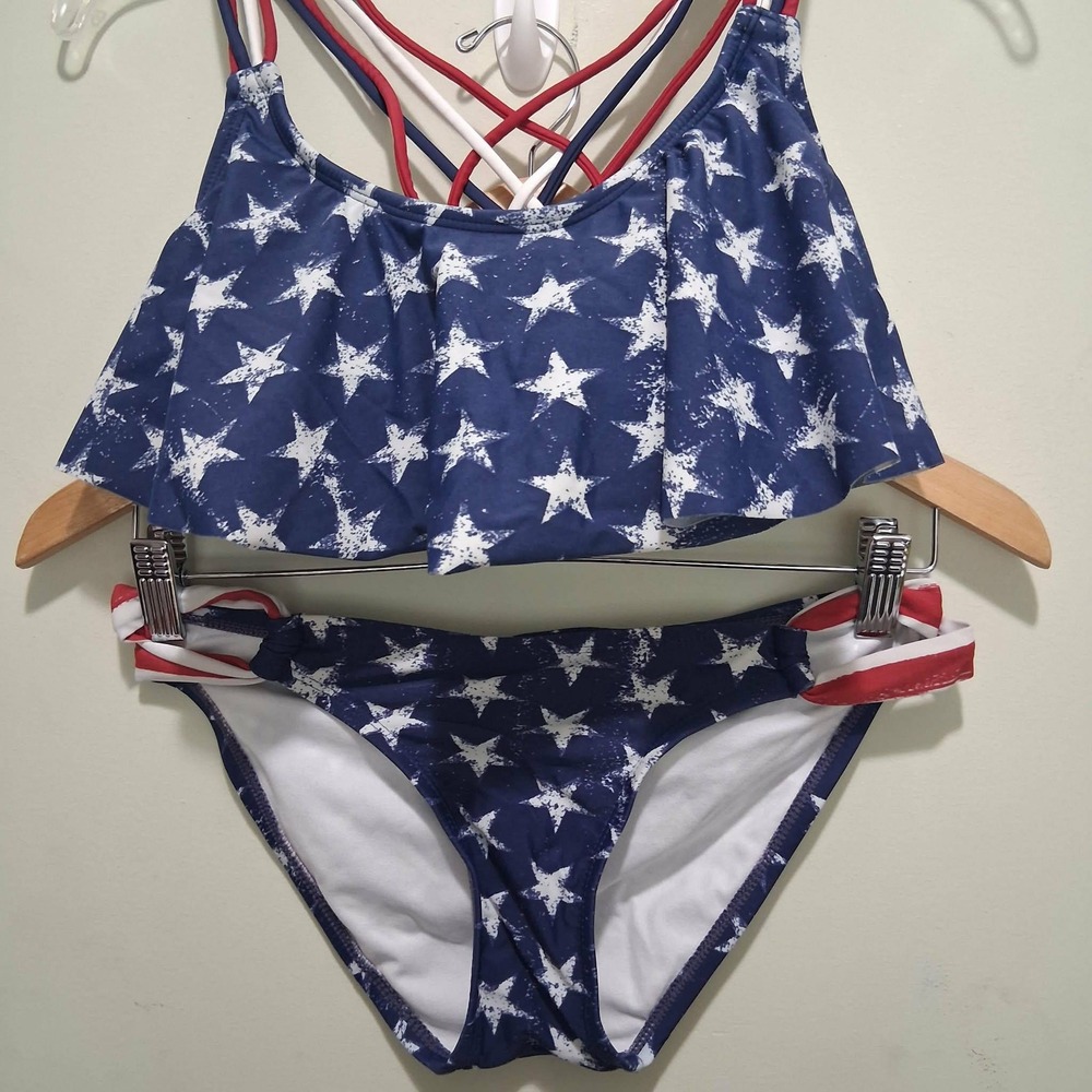 Xhilaration Stars and Stripes Flounce Bikini Set Blue White Red M Top S Bottom
